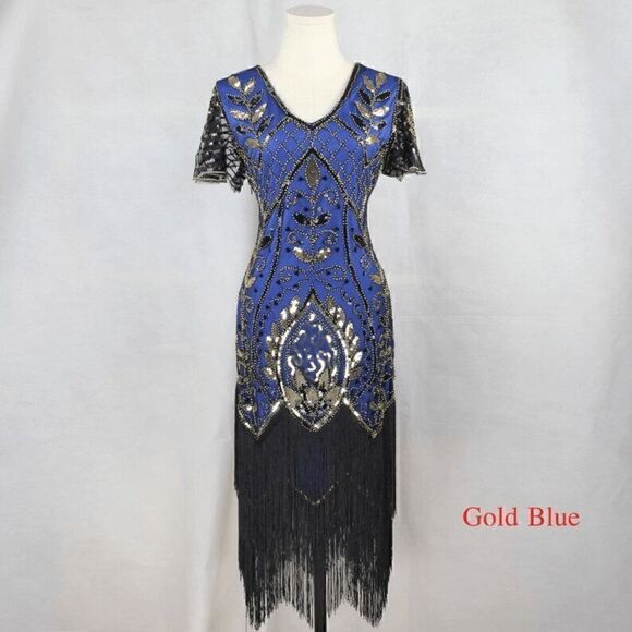 ✨💙 Flapper Great Gatsby 1920s Retro Tassel Fringe Sequin Blue Dress XL NEW - Picture 9 of 15